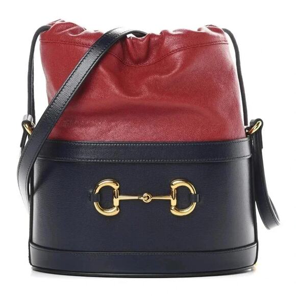 Gucci Azalea Sakai Be Green Horsebit 1955 Drawstring Bucket Bag Blue Cherry Red - Picture 1 of 9